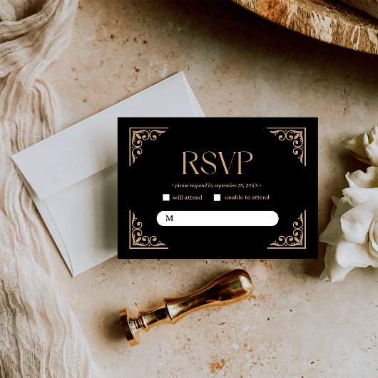 Modern Deco | Elegant Black and Gold Wedding 出欠カード