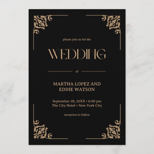 Modern Deco | Elegant Black and Gold Wedding 招待状 (正面)