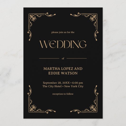 Modern Deco | Elegant Black and Gold Wedding 招待状 (正面)