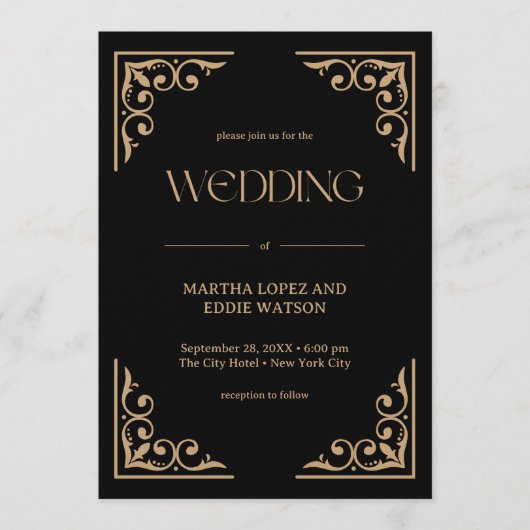 Modern Deco | Elegant Black and Gold Wedding 招待状 (正面)