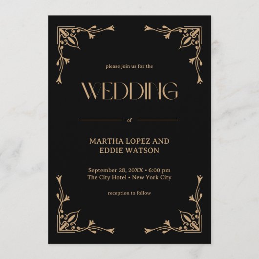 Modern Deco | Elegant Black and Gold Wedding 招待状 (正面)