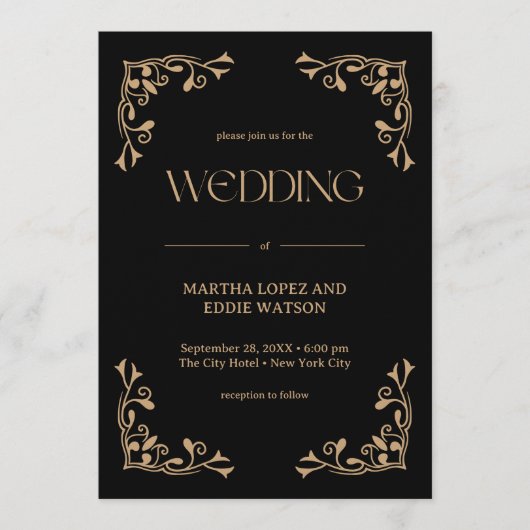 Modern Deco | Elegant Black and Gold Wedding 招待状 (正面)