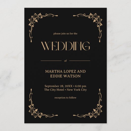 Modern Deco | Elegant Black and Gold Wedding 招待状 (正面)