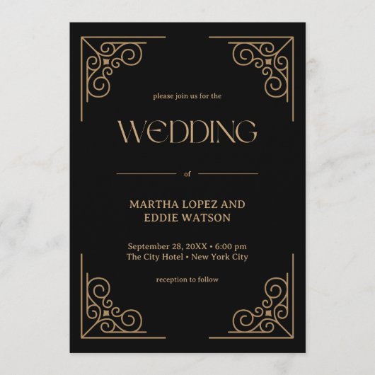 Modern Deco | Elegant Black and Gold Wedding 招待状 (正面)
