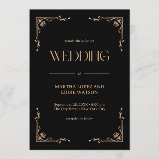 Modern Deco | Elegant Black and Gold Wedding 招待状 (正面)