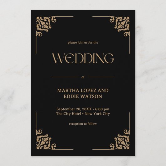 Modern Deco | Elegant Black and Gold Wedding 招待状 (正面)