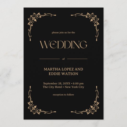 Modern Deco | Elegant Black and Gold Wedding 招待状 (正面)