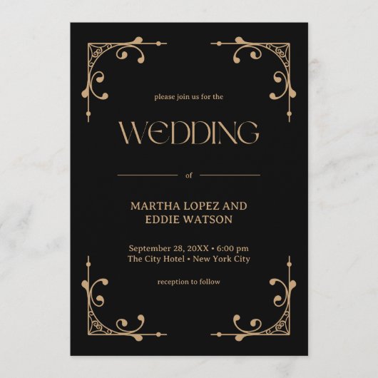 Modern Deco | Elegant Black and Gold Wedding 招待状 (正面)