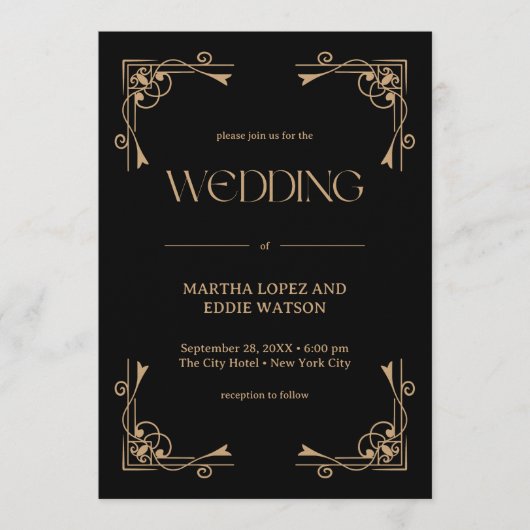 Modern Deco | Elegant Black and Gold Wedding 招待状 (正面)
