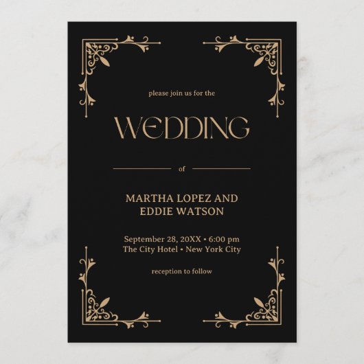 Modern Deco | Elegant Black and Gold Wedding 招待状 (正面)