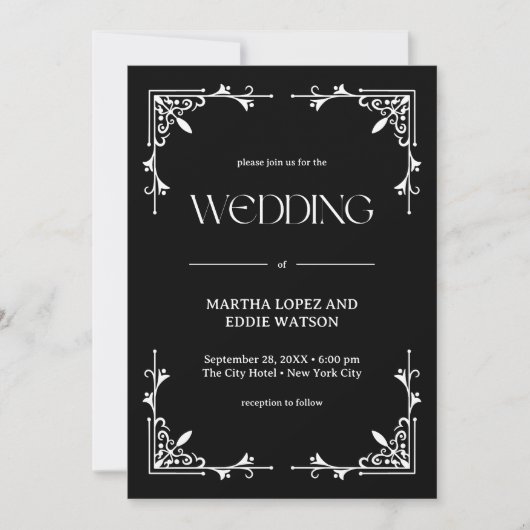 Modern Deco | Elegant Onyx Black and White Wedding 招待状 (正面)