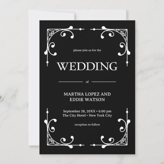 Modern Deco | Elegant Onyx Black and White Wedding 招待状 (正面)