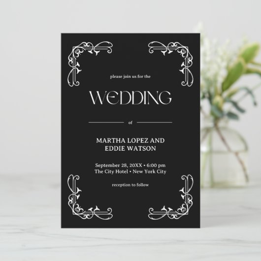 Modern Deco | Elegant Onyx Black and White Wedding 招待状 (スタンド正面)