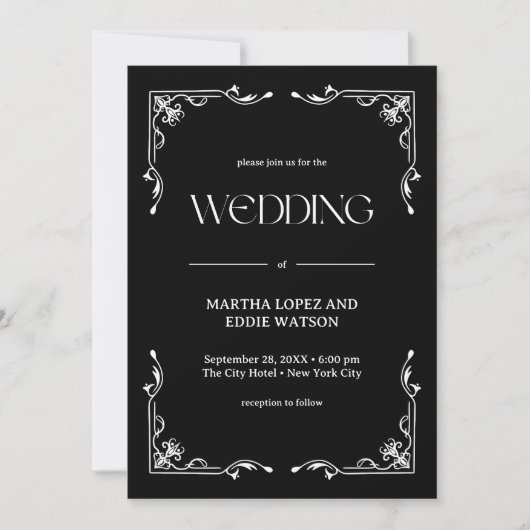 Modern Deco | Elegant Onyx Black and White Wedding 招待状 (正面)