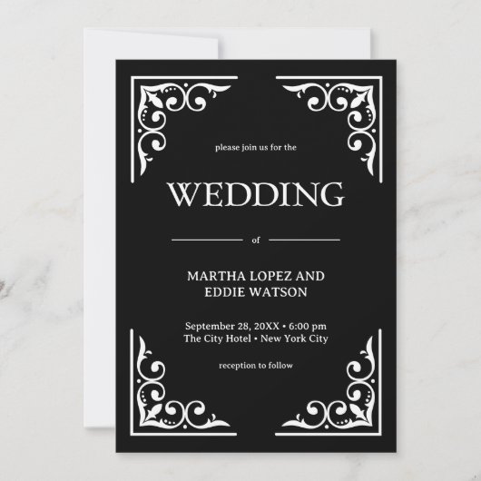 Modern Deco | Elegant Onyx Black and White Wedding 招待状 (正面)