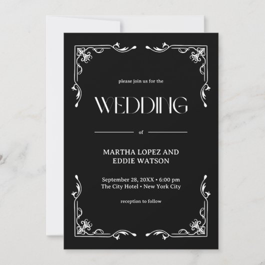 Modern Deco | Elegant Onyx Black and White Wedding 招待状 (正面)