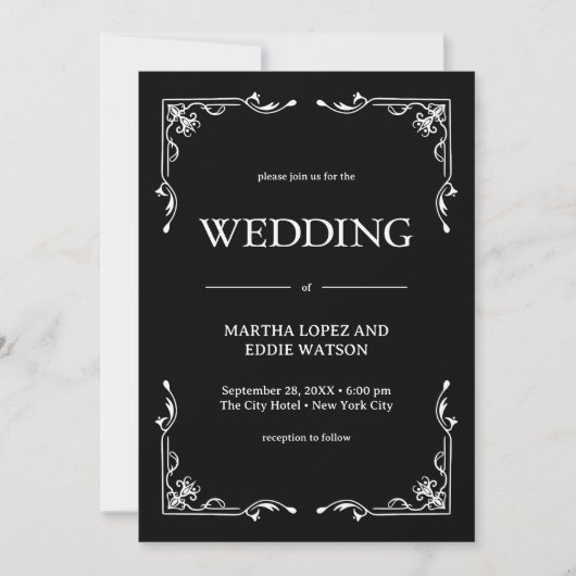 Modern Deco | Elegant Onyx Black and White Wedding 招待状 (正面)
