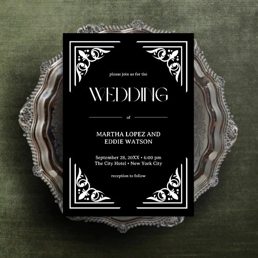 Modern Deco | Elegant Onyx Black and White Wedding 招待状
