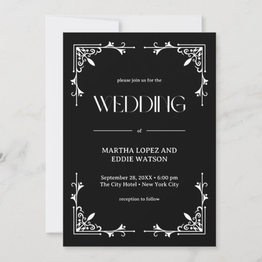 Modern Deco | Elegant Onyx Black and White Wedding 招待状 (正面)