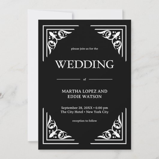 Modern Deco | Elegant Onyx Black and White Wedding 招待状 (正面)
