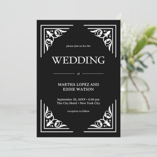 Modern Deco | Elegant Onyx Black and White Wedding 招待状 (スタンド正面)