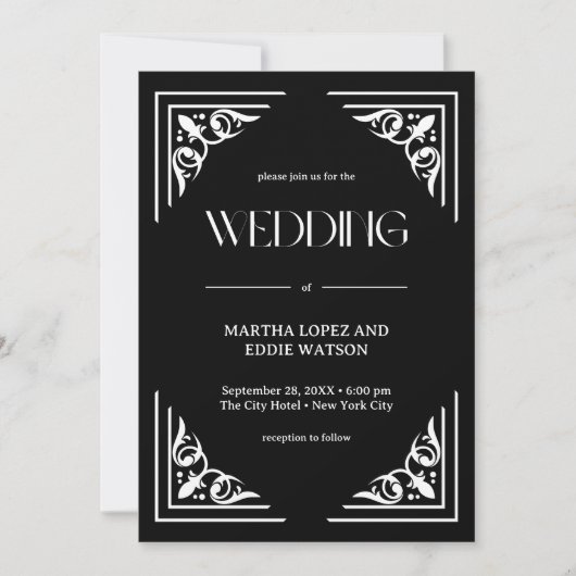 Modern Deco | Elegant Onyx Black and White Wedding 招待状 (正面)