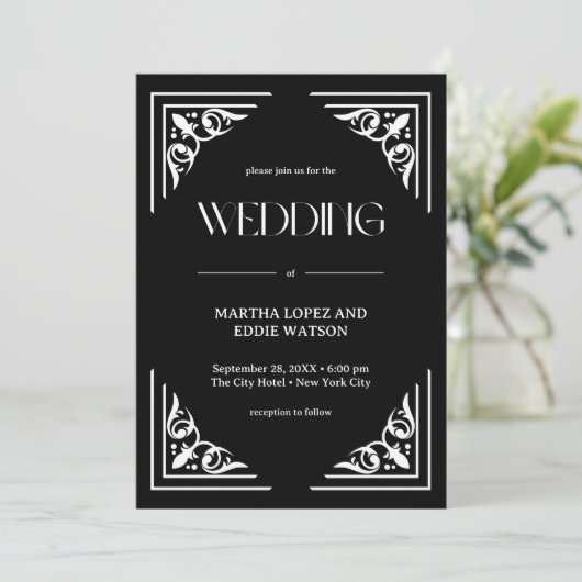 Modern Deco | Elegant Onyx Black and White Wedding 招待状 (スタンド正面)