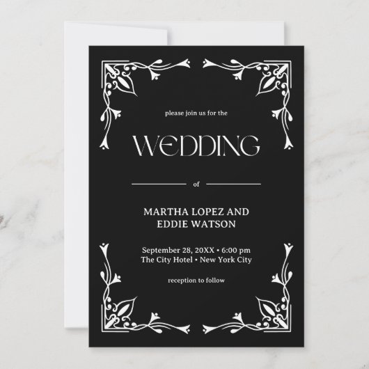 Modern Deco | Elegant Onyx Black and White Wedding 招待状 (正面)