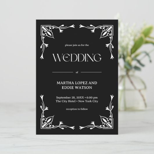 Modern Deco | Elegant Onyx Black and White Wedding 招待状 (スタンド正面)
