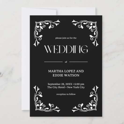 Modern Deco | Elegant Onyx Black and White Wedding 招待状 (正面)