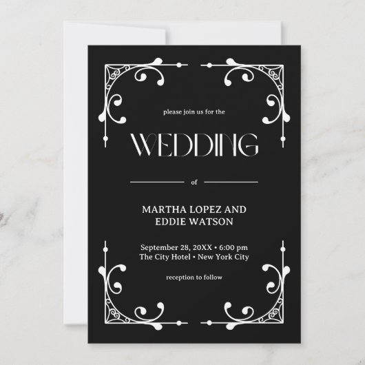 Modern Deco | Elegant Onyx Black and White Wedding 招待状 (正面)
