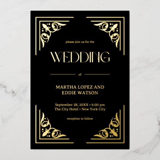 Modern Deco | Elegant Wedding Black and Gold 箔招待状 (正面)