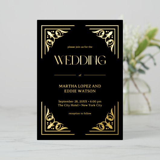 Modern Deco | Elegant Wedding Black and Gold 箔招待状 (立ち正面)