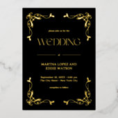 Modern Deco | Elegant Wedding Black and Gold 箔招待状 (正面)