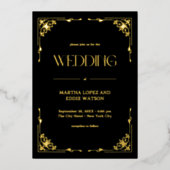 Modern Deco | Elegant Wedding Black and Gold 箔招待状 (正面)