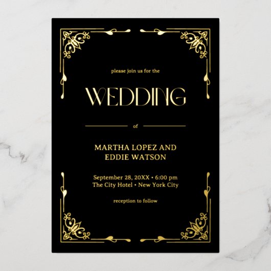Modern Deco | Elegant Wedding Black and Gold 箔招待状 (正面)