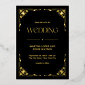 Modern Deco | Elegant Wedding Black and Gold 箔招待状 (正面)