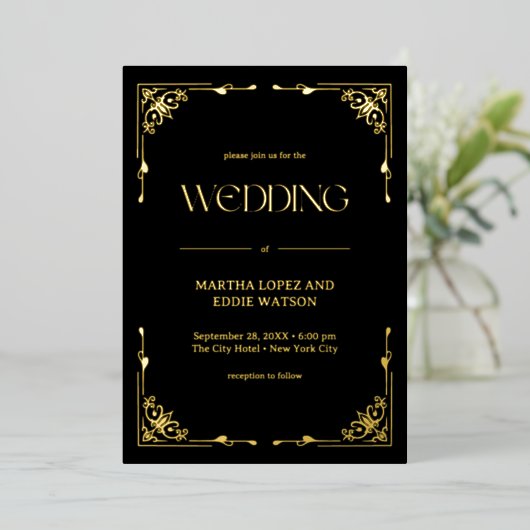 Modern Deco | Elegant Wedding Black and Gold 箔招待状 (立ち正面)