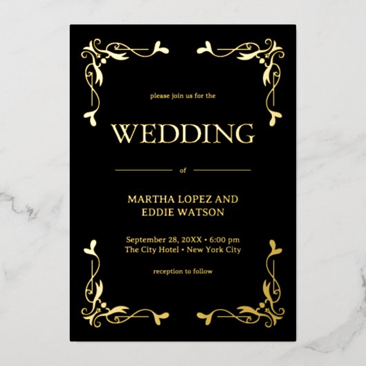 Modern Deco | Elegant Wedding Black and Gold 箔招待状 (正面)