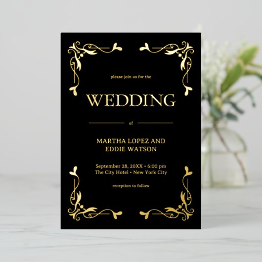 Modern Deco | Elegant Wedding Black and Gold 箔招待状 (立ち正面)