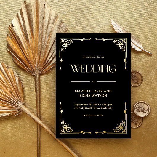 Modern Deco | Elegant Wedding Black and Gold 箔招待状