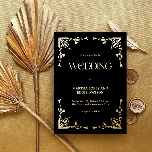 Modern Deco | Elegant Wedding Black and Gold 箔招待状