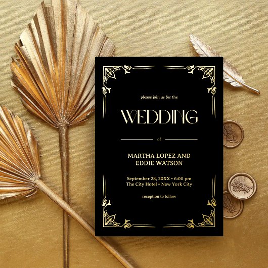 Modern Deco | Elegant Wedding Black and Gold 箔招待状