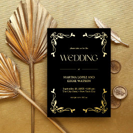 Modern Deco | Elegant Wedding Black and Gold 箔招待状