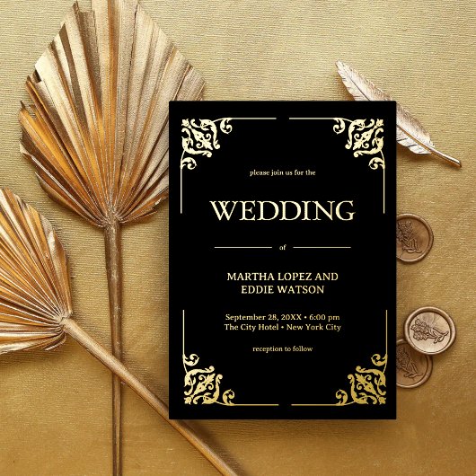 Modern Deco | Elegant Wedding Black and Gold 箔招待状