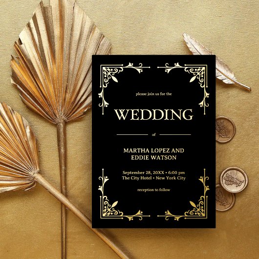 Modern Deco | Elegant Wedding Black and Gold 箔招待状