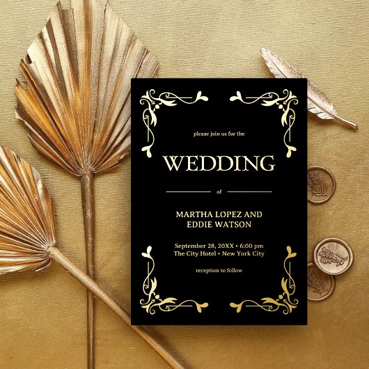 Modern Deco | Elegant Wedding Black and Gold 箔招待状