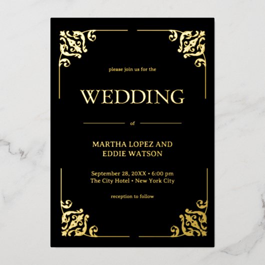 Modern Deco | Elegant Wedding Black and Gold 箔招待状 (正面)