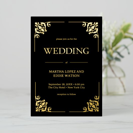 Modern Deco | Elegant Wedding Black and Gold 箔招待状 (立ち正面)