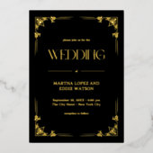 Modern Deco | Elegant Wedding Black and Gold 箔招待状 (正面)